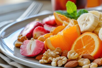 fresh fruit and nuts on plate