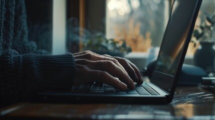 Close-up image of hands with laptop, man working remotely at home. Networking or remote work concept, global business network.