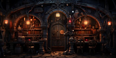 3D rendering of a fantasy medieval pub interior with tables and chairs