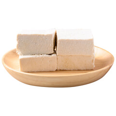 Sliced tofu on wooden plate, Food ingredient