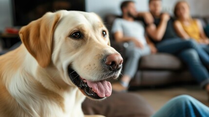 Cute pet dog relaxing at home with group of friends sitting on sofa in living room, close-up - obrazy, fototapety, plakaty