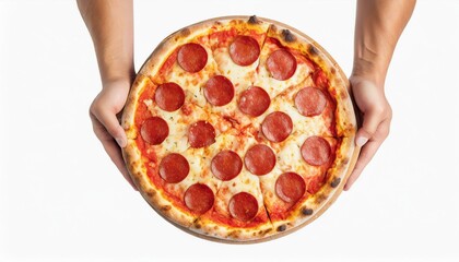 Top view illustration of a pizza chef holding a pepperoni pizza on white background

