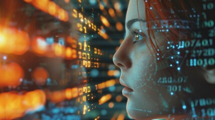 Digital transformation concept, engineering girl with binary code system, programming