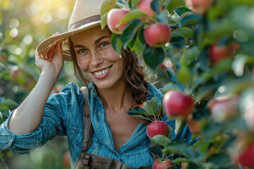 Happy woman examining crop of freshly picked apples while working in orchard