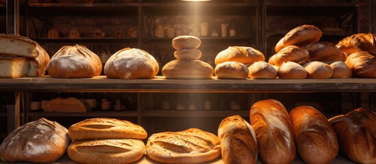 A bakery bustling with activity, shelves filled with assorted loaves of fresh bread with golden crust. Customers and staff interacting, creating a lively atmosphere.
