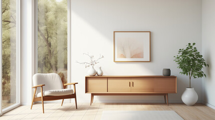 Fototapeta na wymiar Natural Light-Filled Living Room with Mid-Century Modern Furniture and Botanical Decor