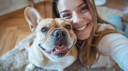 Happy woman taking a selfie with her cheerful dog which has a funny expression. on the living room floor - obrazy, fototapety, plakaty