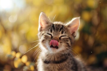 Hungry kitten cat eating and licking ita lips with tongue. - obrazy, fototapety, plakaty