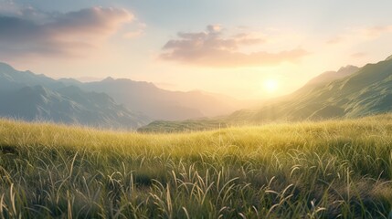 Landscape image of sunset grass in summer Landscape of mountains with grass in the foreground Landscape for posters, billboards - obrazy, fototapety, plakaty