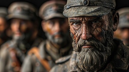A weathered veteran with a grizzled beard and a stern expression leading his troops with strategic precision and unwavering courage.
