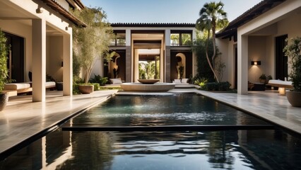 Integrate creative water features throughout the villa, such as reflecting pools, cascading waterfalls, or a contemporary fountain in the central courtyard - obrazy, fototapety, plakaty