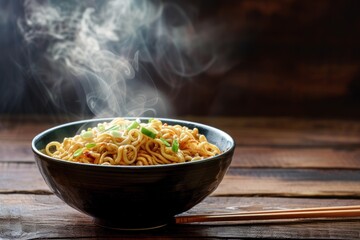 Smoky noodles in a bowl on a wooden background