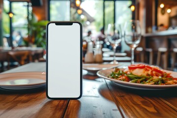 Telephone with isolated screen on the background of food in a restaurant in a restaurant