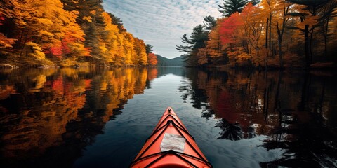 entering fall territory. quiet kayakking. - obrazy, fototapety, plakaty