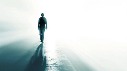 Low exposure silhouette of a man walking on a road in white light background. 