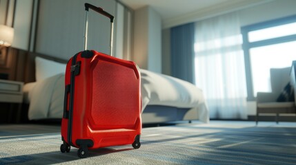 red suitcase In a bright, luxurious hotel room - obrazy, fototapety, plakaty