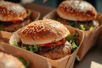 Street food. Meat cutlet burgers are in paper boxes. Food delivery.