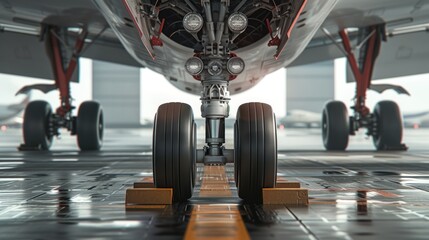 The lower fuselage of a passenger aircraft equipped with landing gear. - obrazy, fototapety, plakaty