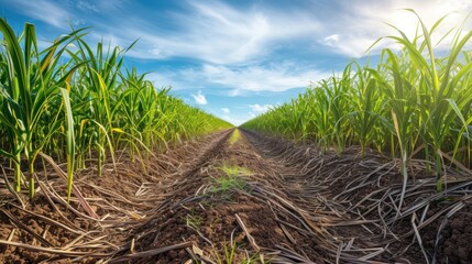The sugarcane plants planted in the sugarcane fields were lined up in beautiful rows ready to be cut and the sky was bright with few clouds.