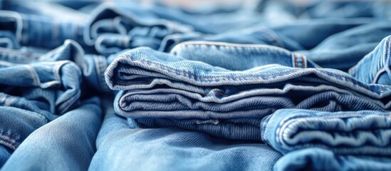 A collection of blue jeans piled on top of one another, creating a stack on a white surface. The jeans vary in shades of blue and sizes, forming a neat and organized arrangement.