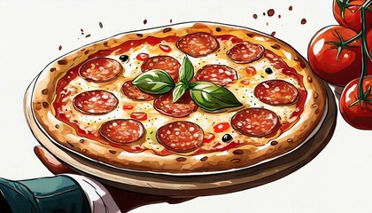 Illustration of a pizza chef showing a pepperoni pizza in close-up.
