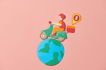 Scooter bike man around ther world over pink background
