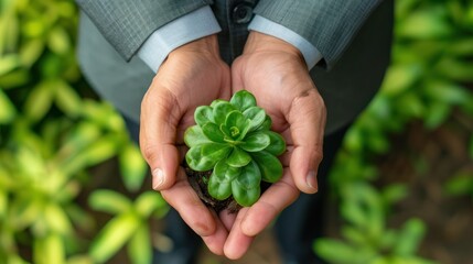 Businessman's hands holding green plants together symbolizing cooperation in green business. Cooperation in developing organizational systems green business company - obrazy, fototapety, plakaty