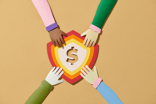 Different color hands  choosing security button on beige background