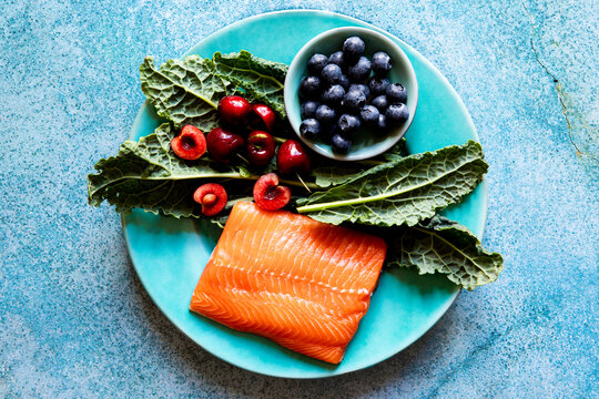 Fresh salmon with fresh food ingredients