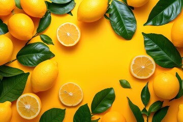 Top view of lemons. Ripe, juicy lemons. Yellow and green leaves on bright yellow background.