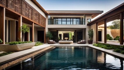 Fototapeta premium Integrate creative water features throughout the villa, such as reflecting pools, cascading waterfalls, or a contemporary fountain in the central courtyard