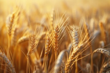 Obraz premium Ears of wheat. Golden wheat ears close up, wheat field background.