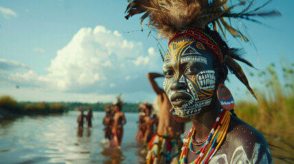 A woman with intricate face paint and a feathered headpiece leads a procession of dancers around...