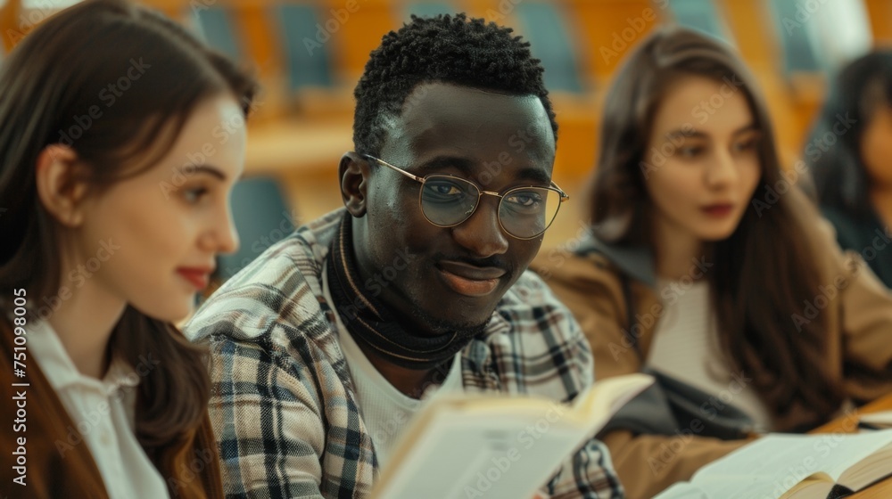 Aufkleber a closeup of two students of different nationalities sitting side by side and discussing a case stud