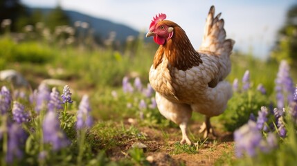 golden Rhode Island chicken is walking in a green field. There are colorful wildflowers in the background.