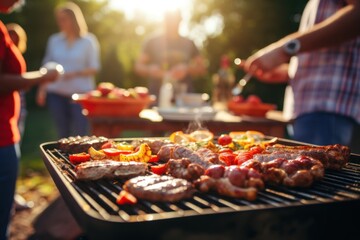 group of friends are grilling meat and vegetables on a picnic gas stove. On the table are plates, bowls, glasses and condiments. Style: Fun, Relaxed, - obrazy, fototapety, plakaty