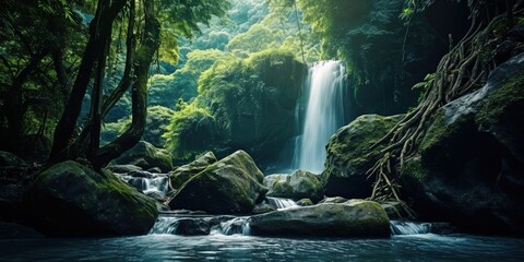 Waterfall is flowing in jungle. Waterfall in green forest. Mountain waterfall. Cascading stream in lush forest. Nature background. Rock or stone at waterfall. Water sustainability.