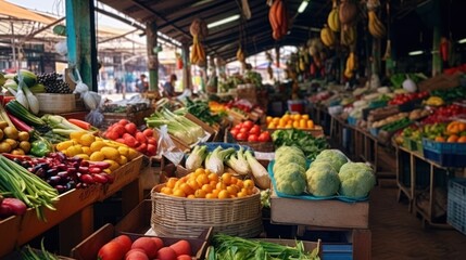 Fototapeta na wymiar Busy organic market. Wide variety of fresh fruits and vegetables.