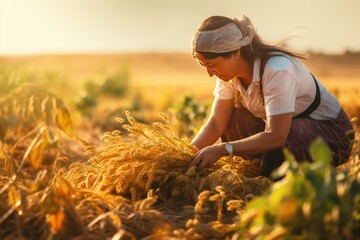 diligent woman women harvesting crops Shows the results of hard work. There is determination and dedication. - obrazy, fototapety, plakaty