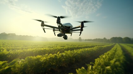 Drones monitor plant health Drones fly over crop fields and use high-resolution cameras. AI analyzes images to identify plant diseases, pests, and other problems. - obrazy, fototapety, plakaty