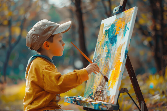 a kid artist painting outdoor on a canvas