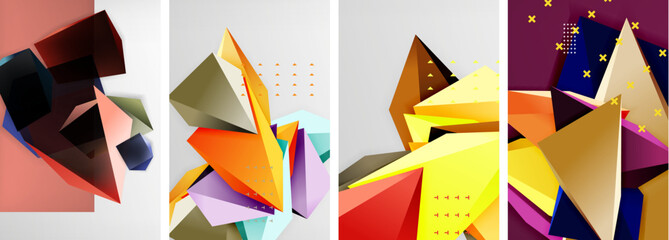 Trendy low poly 3d triangle shapes and other geometric elements background designs for wallpaper, business card, cover, poster, banner, brochure, header, website