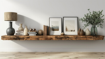 Minimalist Wooden Book Shelf with Books, Lamp, and Art on White Wall, Large-Scale Minimalist, Minimalist Brushwork, Kitchen Still Life, Photo-Realistic Hyperbole