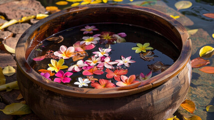 A wooden bowl filled with water and floating flower petals used in Thai traditional healing ceremonies known as Luk Pra Kob. - obrazy, fototapety, plakaty