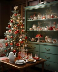 Beautiful Christmas interior with a Christmas tree and gifts on the table