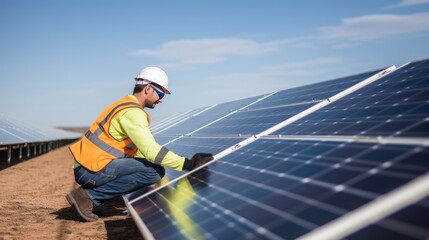 Technician inspecting solar panels Demonstrate expertise and trustworthiness Maintenance of a solar farm.