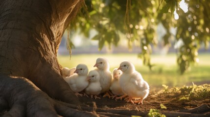 White Brahma chicks playing under a big tree.