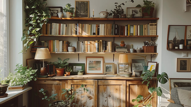 Minimalist study area with wooden bookcase, desk lamp, and canvas art on white wall