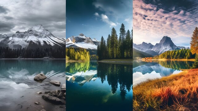 Collage of four pictures of beautiful mountain lake in autumn and winter