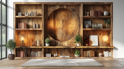 Minimalist study area with wooden bookcase, desk lamp, and canvas art on white wall